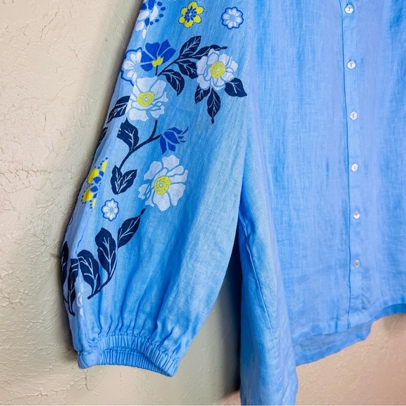 100% LINEN EMBROIDERED LONG BALLOON SLEEVES BLUE TOP SIZE 1X - Picture 3 of 7